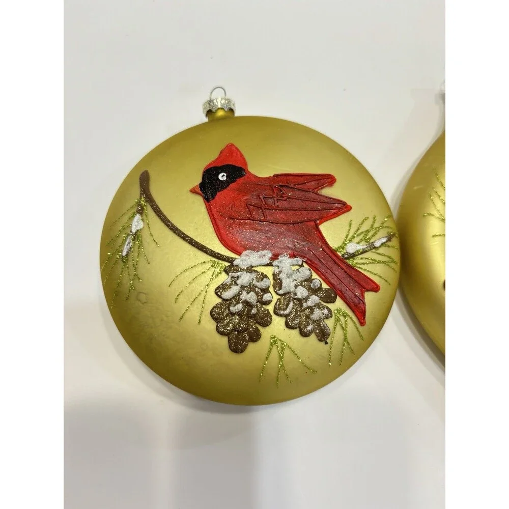 Vtg Christmas Ornaments Glass Red CARDINAL Bird Gold Handpainted Set Christmas